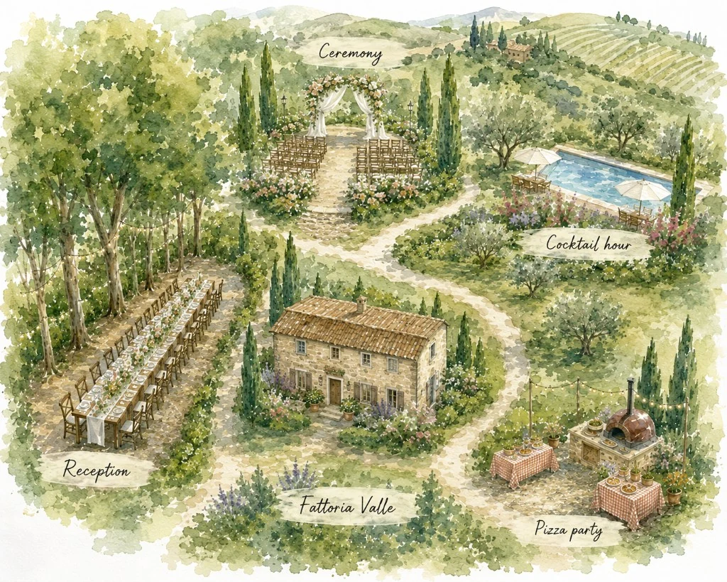 Watercolor map of Fattoria Valle showing ceremony, cocktail hour, reception, pizza party, and the main house