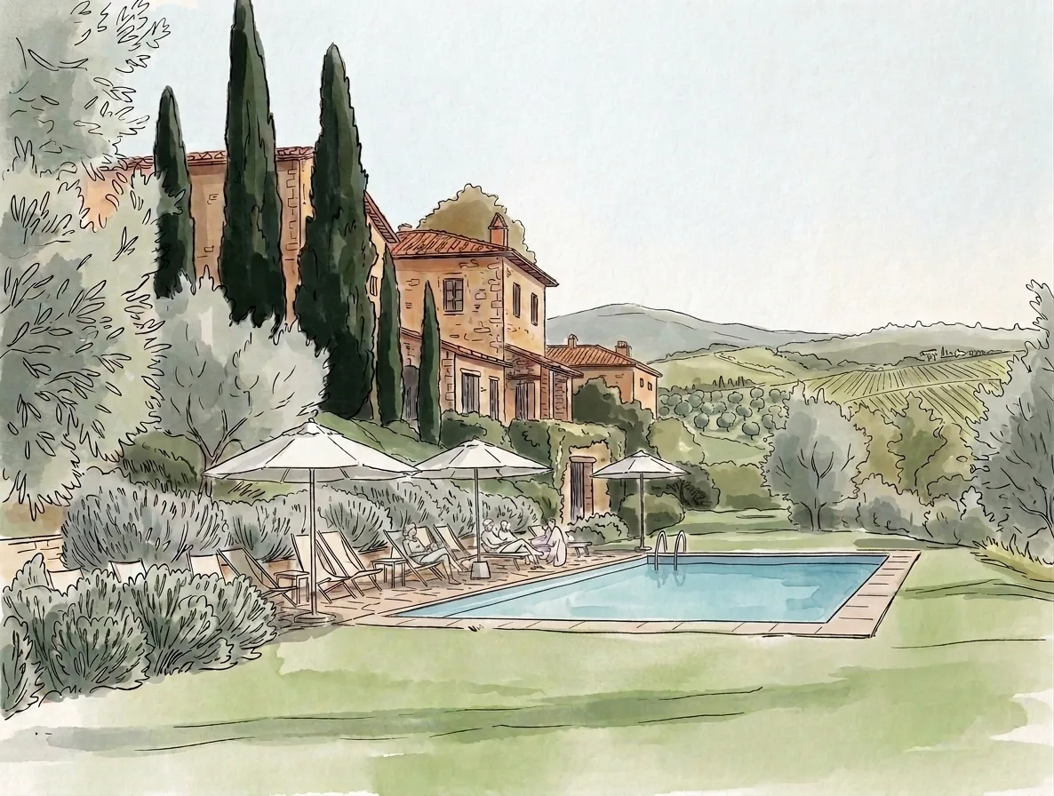 Watercolor illustration of Relais Fattoria Valle in Chianti